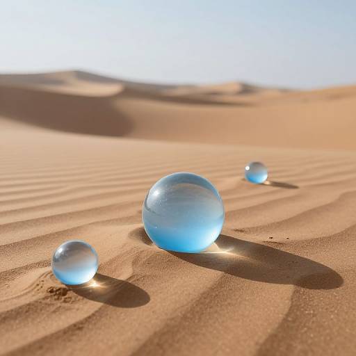 Photograph of three translucent blue glass spheres resting on sunlit, rippled sand dunes under a clear, bright sky.