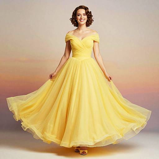 Joyful Woman in Flowing Yellow Ball Gown