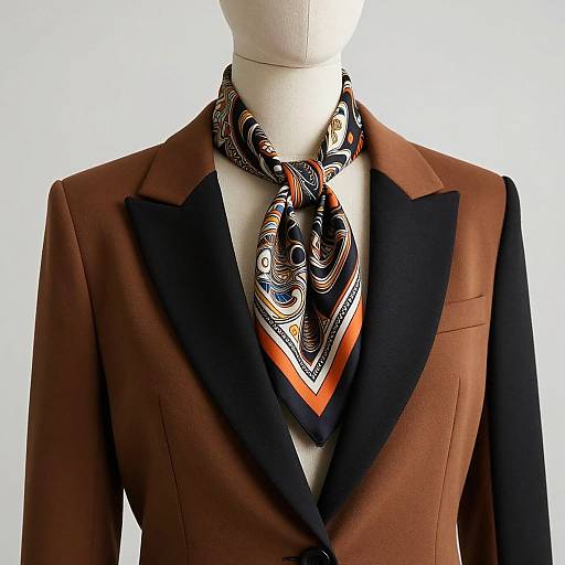 Brown and Black Blazer with Patterned Scarf on Mannequin