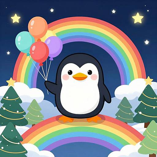 Cute cartoon penguin holding colorful balloons under a vibrant rainbow, surrounded by snow-covered trees and starry night sky. Digital art.
