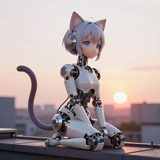 CGI anime-style catgirl robot with blue eyes, white hair, and a purple tail, sitting on a rooftop at sunset.