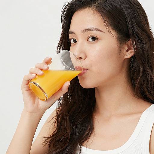 Photograph of an Asian woman with long black hair, drinking orange juice from a clear glass, wearing a white tank top, against a plain white background