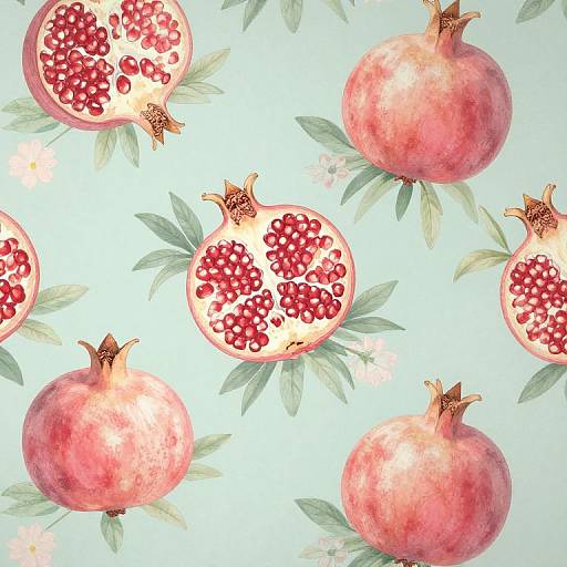 Watercolor-style pattern of whole and halved pomegranates with red seeds and green leaves on a light blue background.