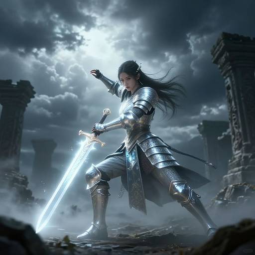 Digital artwork of a fierce, armored warrior with long black hair, wielding a glowing sword, standing in a stormy, ruined landscape.