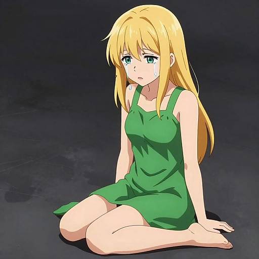 Anime-style digital drawing of a blonde girl with green eyes, sitting on the ground, wearing a green dress, with a sad expression, against a dark