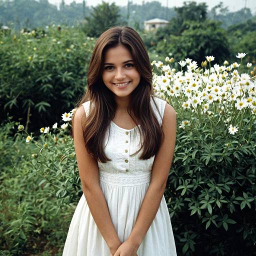 Smiling Woman in White Dress Among Flowers