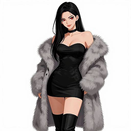 Digital anime-style illustration of a confident woman with long black hair, red eyes, wearing a black strapless dress, fur coat, and thigh-high boots