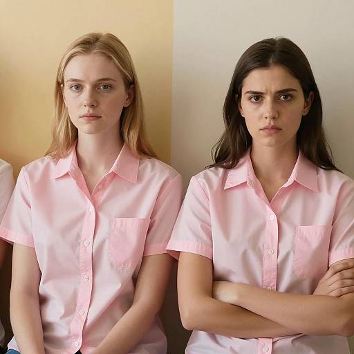 Two Women in Pink Shirts Sitting Against Colorful Walls