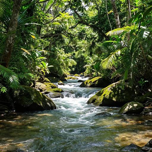 Photograph of a lush, green forest stream with sunlight filtering through dense foliage, cascading over moss-covered rocks. Clear, rushing water creates a vibrant