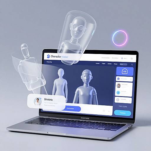 Digital illustration of a laptop displaying a 3D avatar selection interface, with transparent, glowing ghostly figures above the screen.