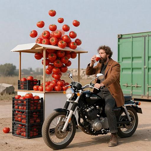 Man on Motorcycle with Exploding Tomato Stand