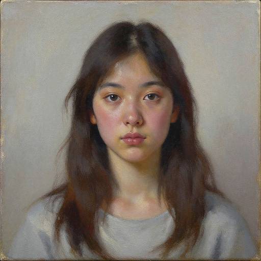 Realistic digital painting of a young Asian girl with long, dark brown hair, rosy cheeks, and neutral expression, wearing a gray shirt.
