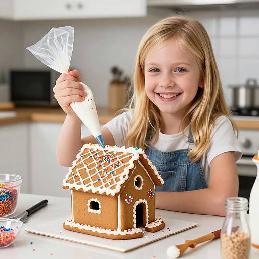 Blonde Girl Decorating Gingerbread House