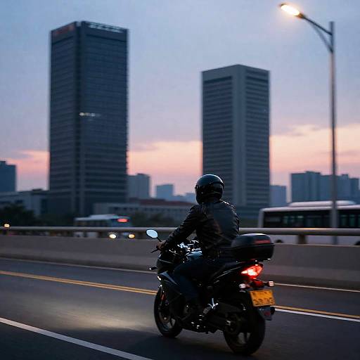 Urban Dusk: Motorcyclist on Bridge