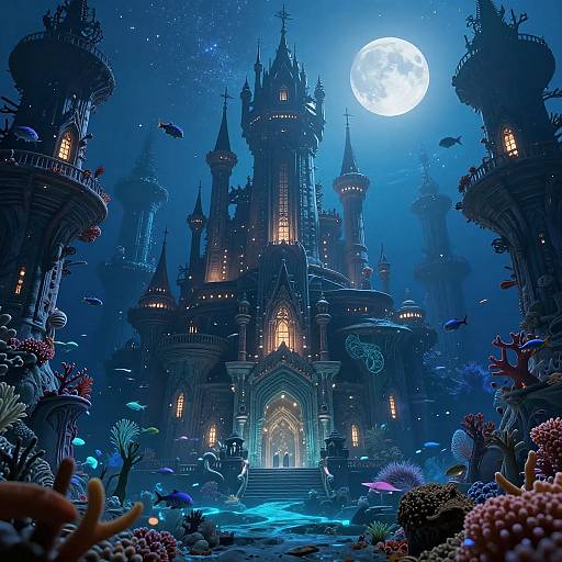 Digital art of a glowing, Gothic castle under a full moon, surrounded by colorful coral reefs and swimming fish in a dark, mystical ocean.