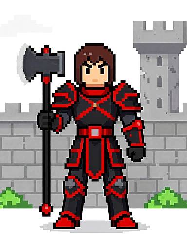 Pixel art of a red and black armored warrior with brown hair, holding a black axe, standing in front of a gray stone castle.