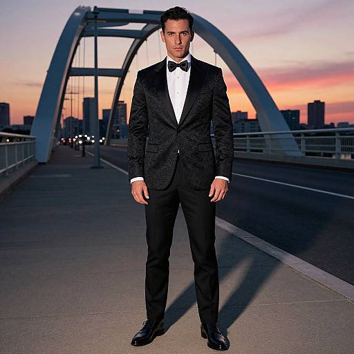 Photograph of a handsome man in a black tuxedo with bow tie, standing on a bridge at sunset, city skyline and arch bridge in background