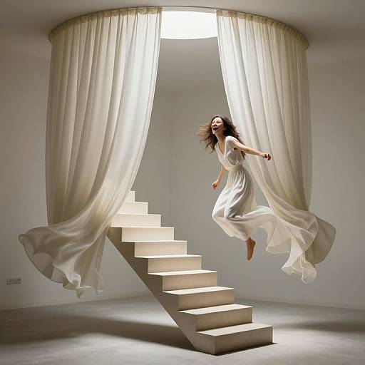 Photograph of a woman in a flowing white dress, mid-jump, descending a floating staircase, surrounded by sheer, billowing curtains in a brightly