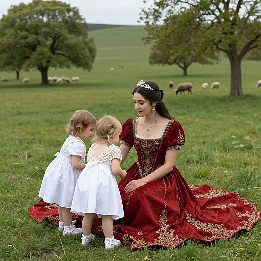 Photograph of a dark-haired woman in a red, gold-embroidered gown and tiara, sitting on grass, with two blonde children in