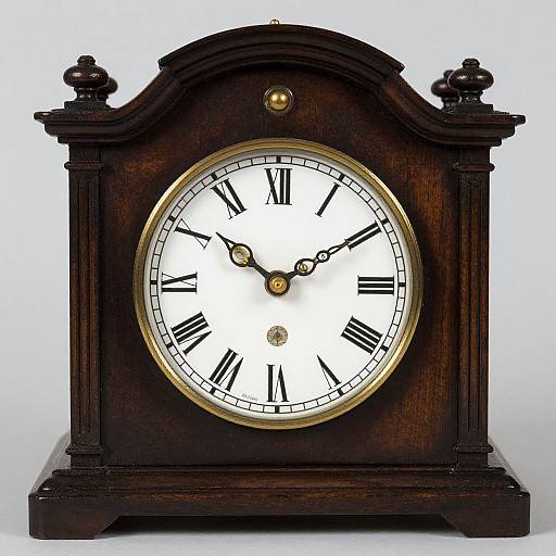 Vintage wooden clock with dark brown finish, white face, black Roman numerals, gold accents, and ornate top corners, photographed against a plain white