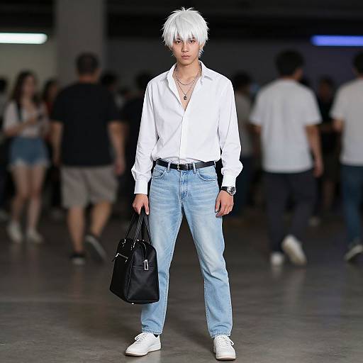 Photograph of a white-haired man in a white button-up shirt, light blue jeans, white sneakers, holding a black handbag, standing confidently on