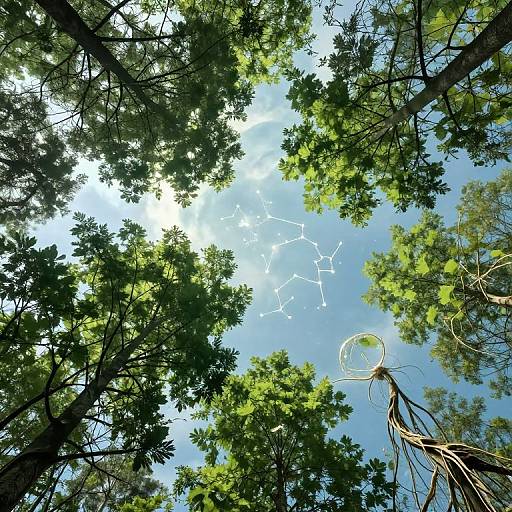 Photograph of a forest canopy viewed from below, showing green leaves, a clear blue sky with constellation lines, and a hoop net on the right.