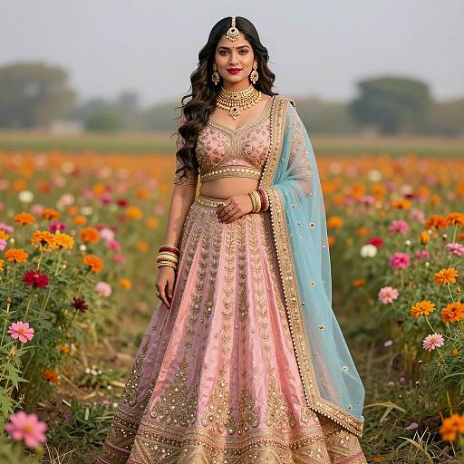 Elegant Indian Bride in Flower Field