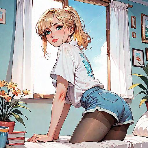 Cheerful Anime Girl in Shorts