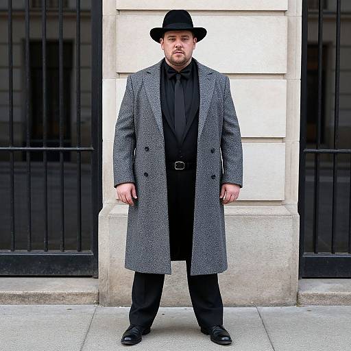 Photograph of a bearded man in a black hat, gray herringbone coat, black shirt, and pants, standing on a city sidewalk in