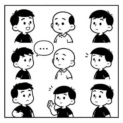 Black and white comic-style drawing of nine identical cartoon boys with black hair, in a 3x3 grid, showing various expressions and one speech bubble