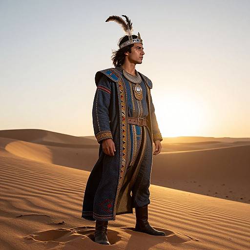 Photograph of a Native American man in traditional attire, featuring a feathered headdress, standing in a sunlit desert with sand dunes.