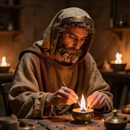 Medieval man with beard, wearing ornate hooded robe, writes by candlelight in dimly lit, warm-toned workshop with multiple candles.