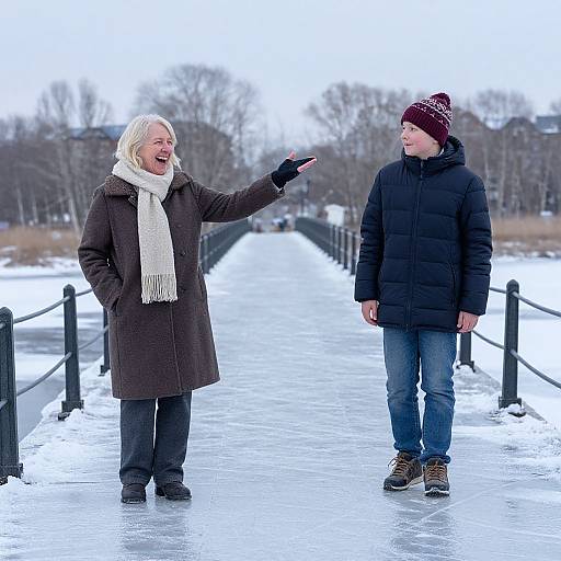 Photograph of a smiling elderly woman in a brown coat and white scarf gesturing to a young man in a black puffer jacket on a snow-covered