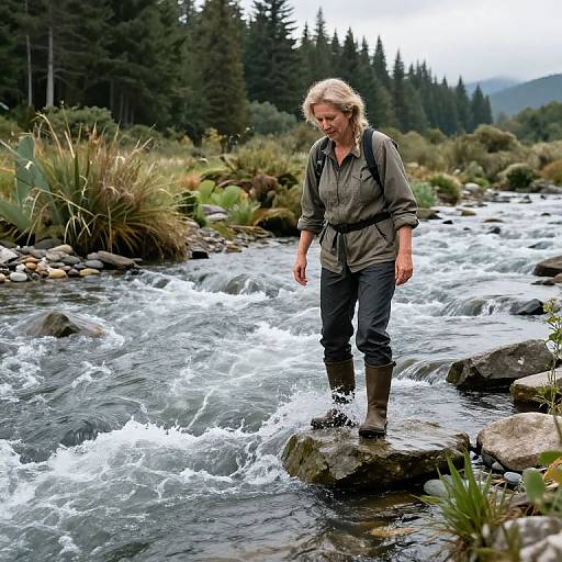 Photograph of a blonde woman with wavy hair, wearing a green shirt, blue pants, and brown boots, standing in a rushing stream, surrounded