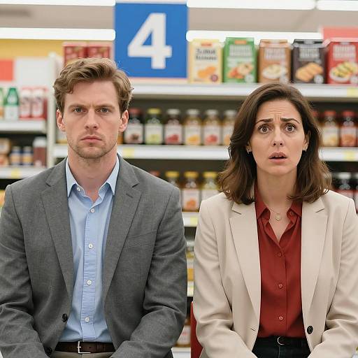 Serious man and surprised woman in grocery store aisle