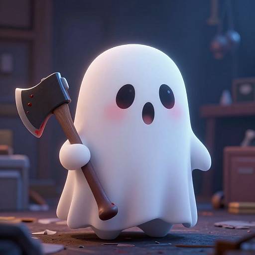 CGI image of a cute, white, ghost-like creature with black eyes and blush, holding a wooden-handled axe in a dim, cluttered