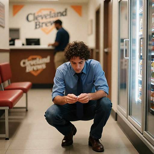 Focused Man in Hallway Scene