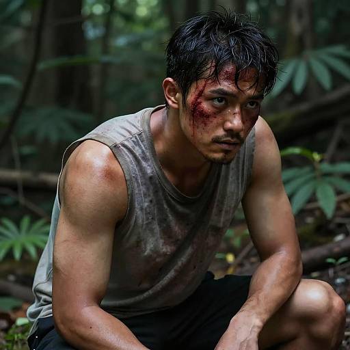 Intense Muscular Man in Dark Forest