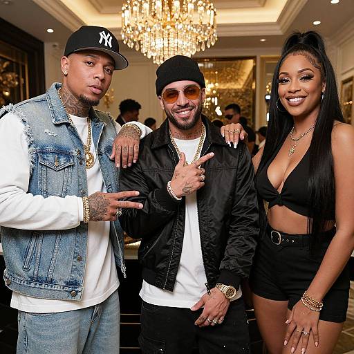 Photograph of three stylish individuals in a luxurious, chandelier-lit room; two men in denim vests and black hats, one woman in a black