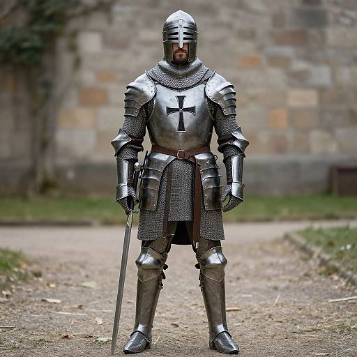 Photograph of a medieval knight in full shiny silver armor, helmet with faceplate, cross emblem, holding sword, standing on gravel path in front of