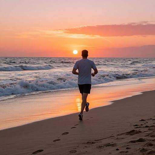 Photograph of a man jogging on a beach at sunset, wearing a white shirt and black shorts, with waves and a vibrant orange sky in the background
