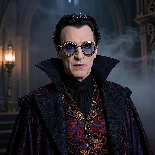 Photograph of a pale, middle-aged man with black hair, wearing ornate dark robes, patterned vest, and round, gold-rimmed