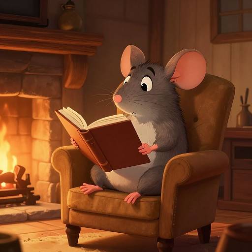 Cozy Mouse Reading by Fireplace