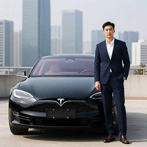 Photograph of an Asian man in a black suit standing beside a sleek black sports car in a modern urban setting.