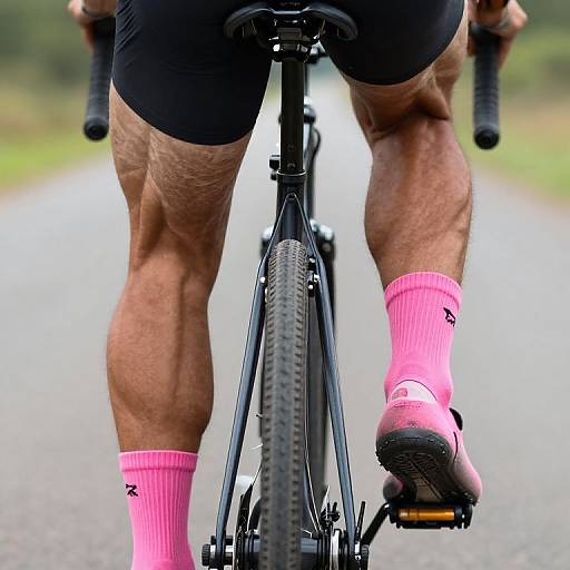 Photograph of a muscular male cyclist from behind, wearing black shorts, pink socks, and pink shoes, riding on a paved road.