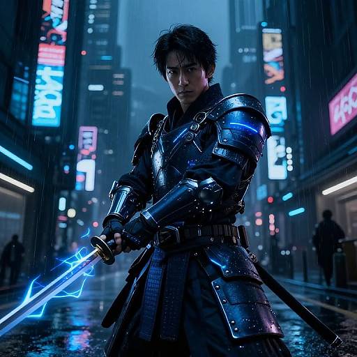 Photorealistic CGI of a dark-haired man in glowing blue armor holding a lightning-emitting sword in a rainy, neon-lit city street.
