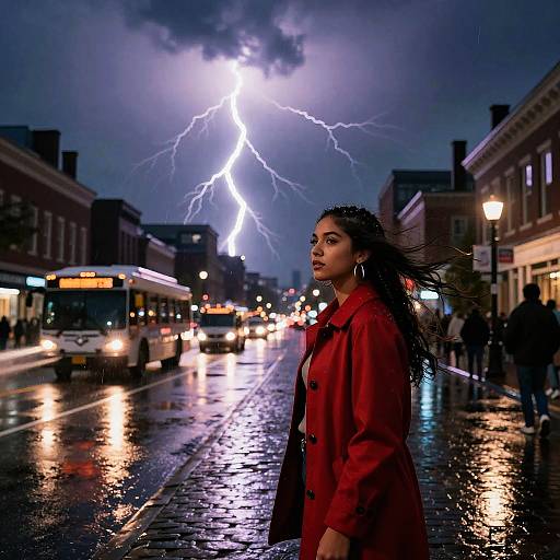 Stormy Night in Philadelphia with Woman in Red Coat