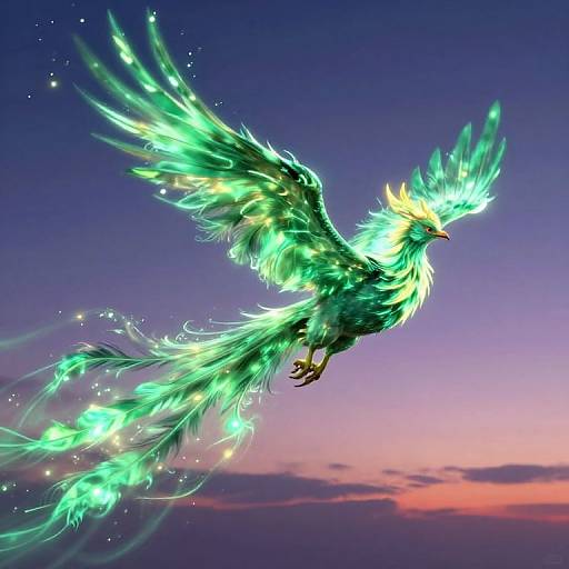 Digital artwork of a luminous, green-feathered phoenix with glowing wings and tail, soaring against a twilight sky gradient of purple, pink, and