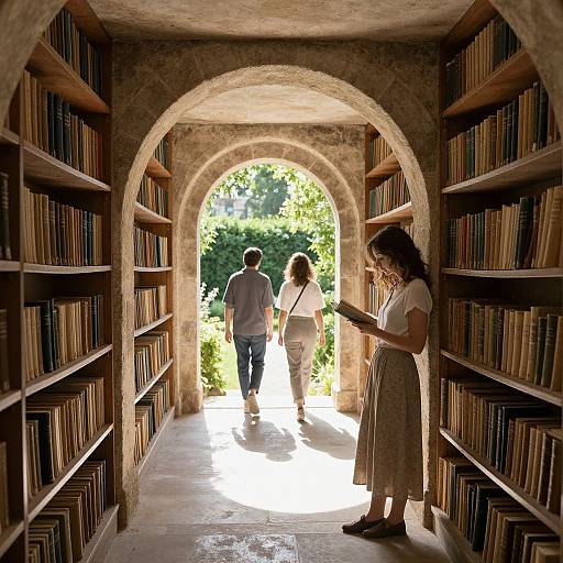Photograph of a library aisle with archway, woman reading in foreground, man and woman walking towards sunlight outside. Shelves of books frame the scene