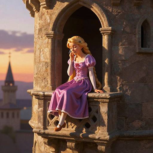 Digital illustration of Cinderella in a purple dress, sitting on a stone turret at sunset, with a blurred medieval castle town in the background.